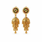 Gold polish green and maroon traditional hanging jhumka earrings by Marvel Silver