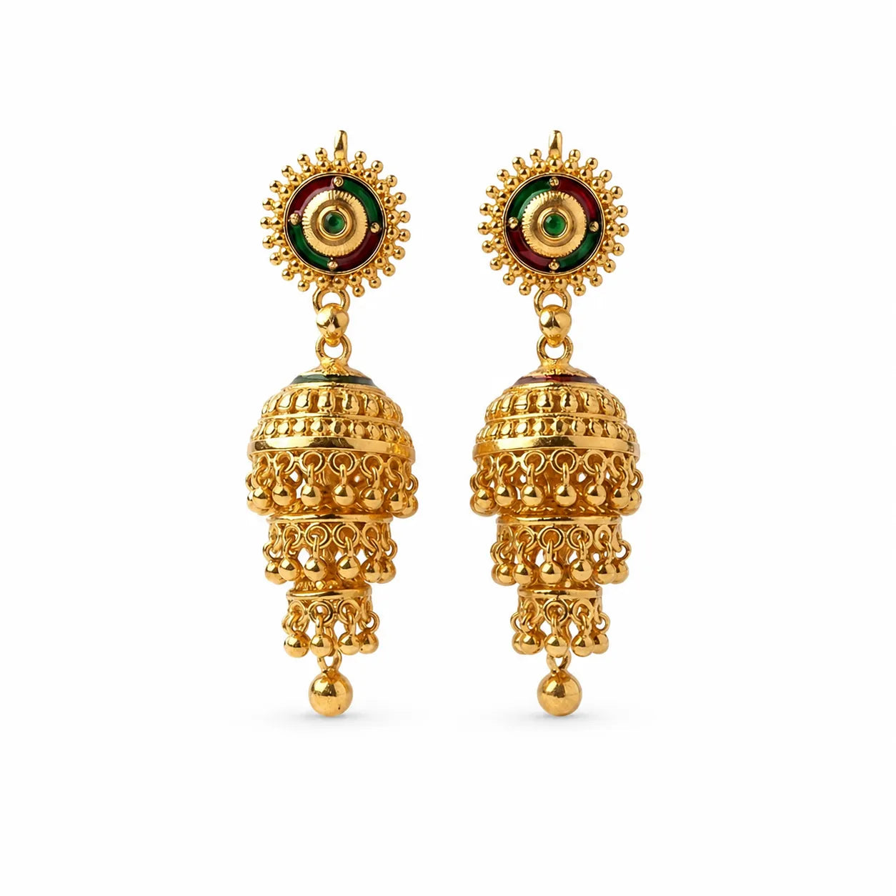 Gold polish green and maroon traditional hanging jhumka earrings by Marvel Silver