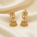 Gold polish multicolour stone traditional jhumka earrings for women by Marvel Silver
