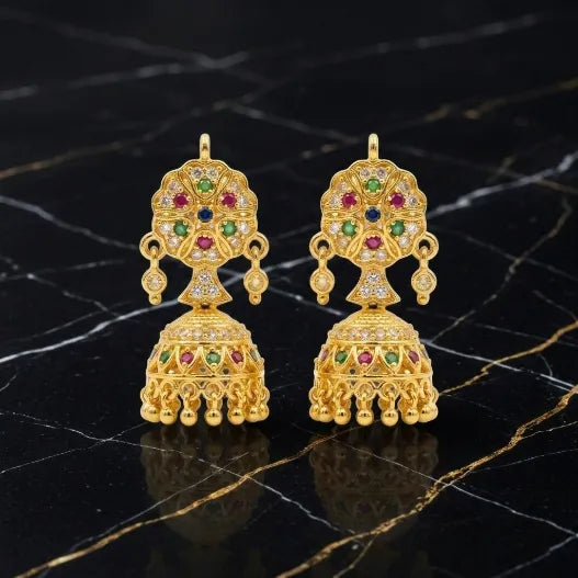 Gold polish multicolour stone traditional jhumka earrings for women by Marvel Silver