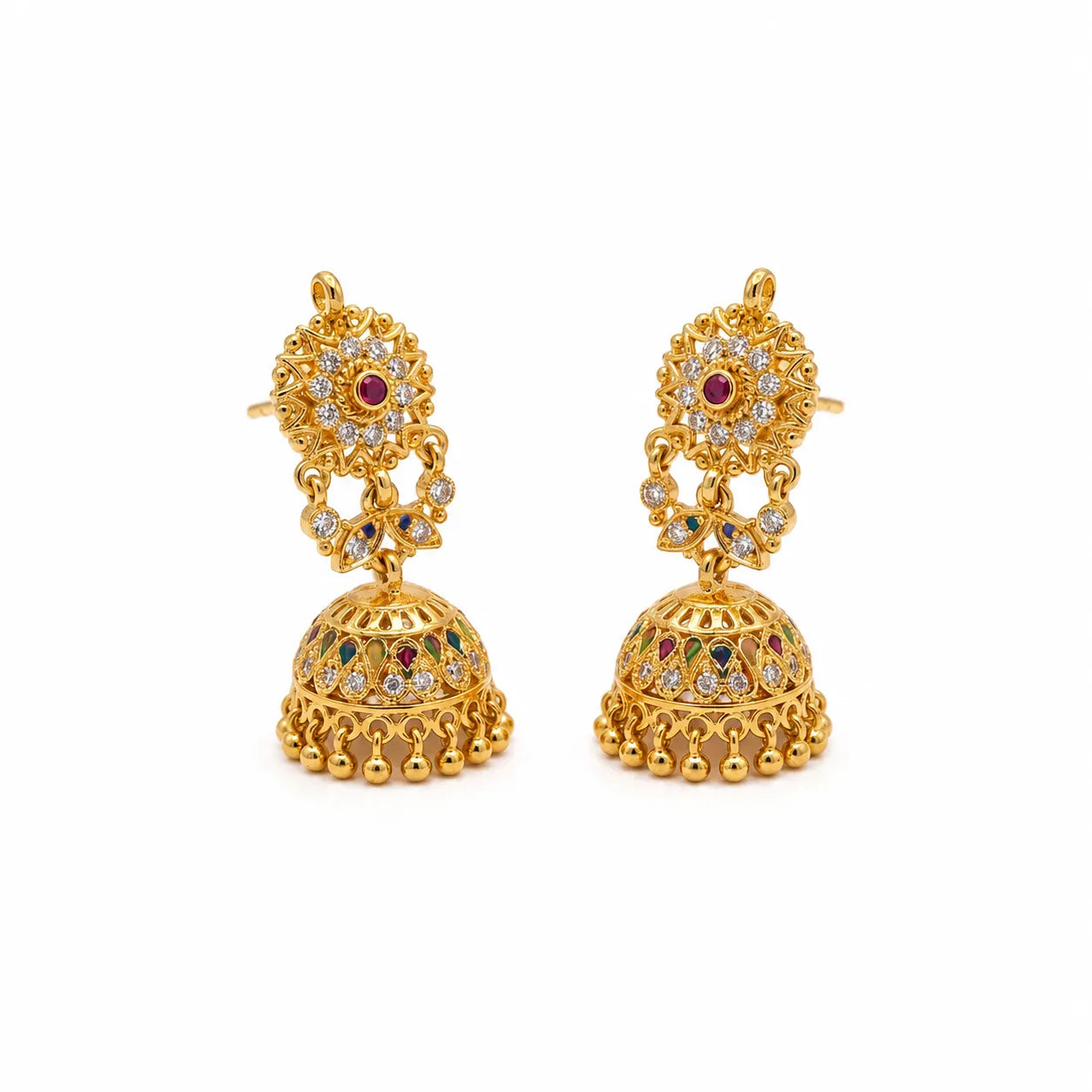 Gold polish multicolour stone traditional jhumka earrings for women by Marvel Silver