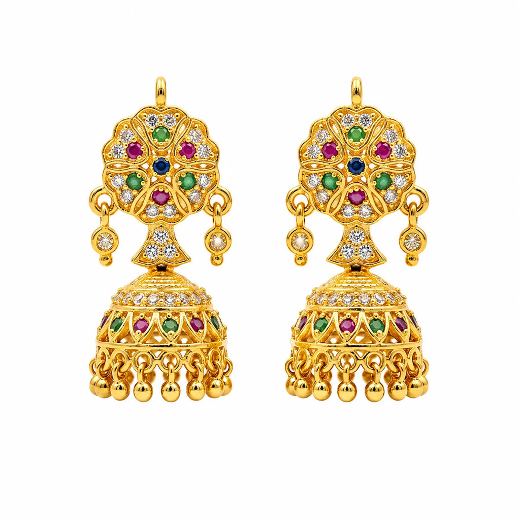 Gold polish multicolour stone traditional jhumka earrings for women by Marvel Silver