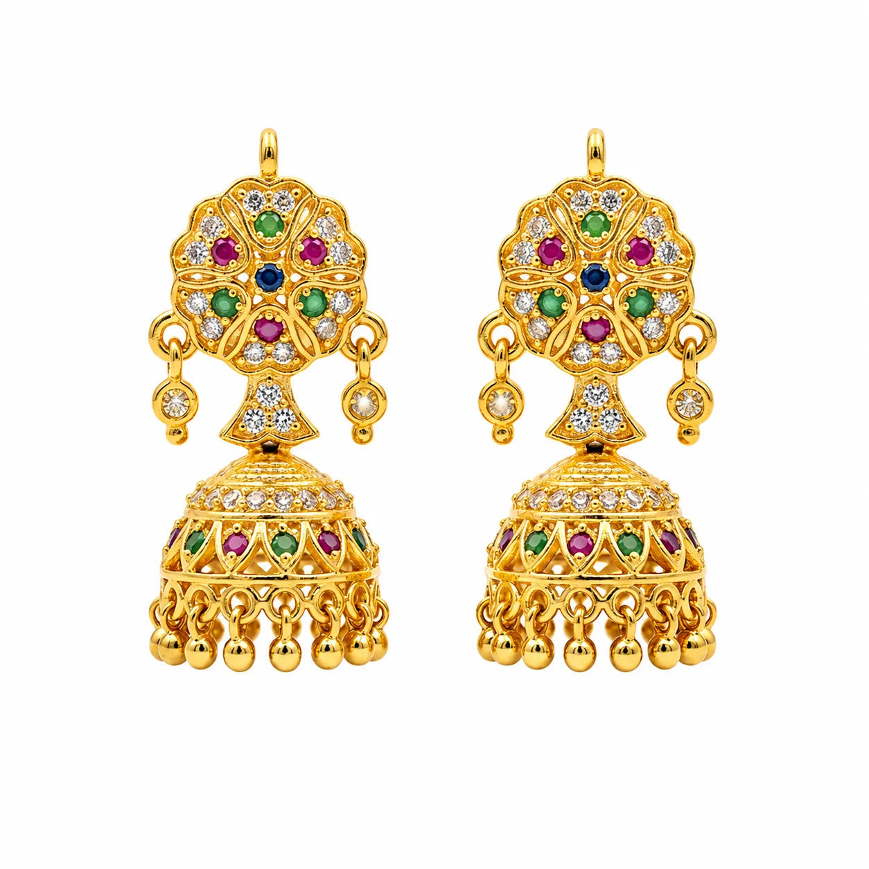 Gold polish multicolour stone traditional jhumka earrings for women by Marvel Silver