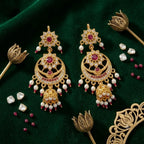 Gold polish ruby stone chandbali jhumka earrings with pearl drops by Marvel Silver