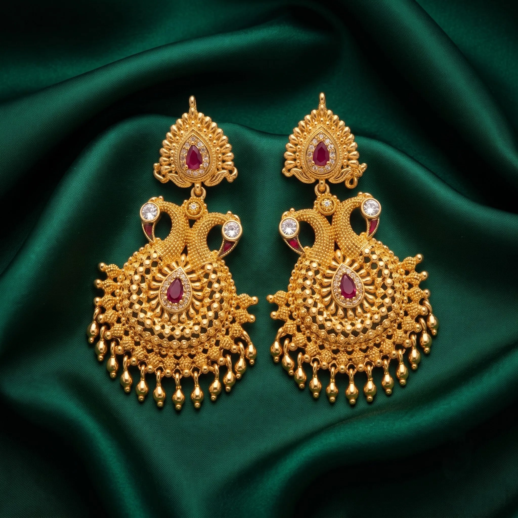 Gold polish ruby stone designer chandelier jhumka earrings for women by Marvel Silver