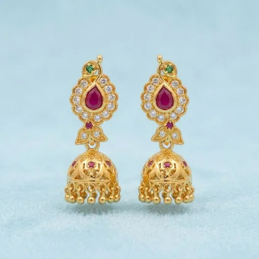 Gold polish ruby stone traditional jhumka earrings with white stones and hanging gold beads by Marvel Silver