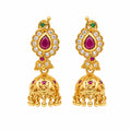 Gold polish ruby stone traditional jhumka earrings with white stones and hanging gold beads by Marvel Silver