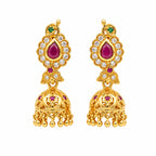 Gold polish ruby stone traditional jhumka earrings with white stones and hanging gold beads by Marvel Silver