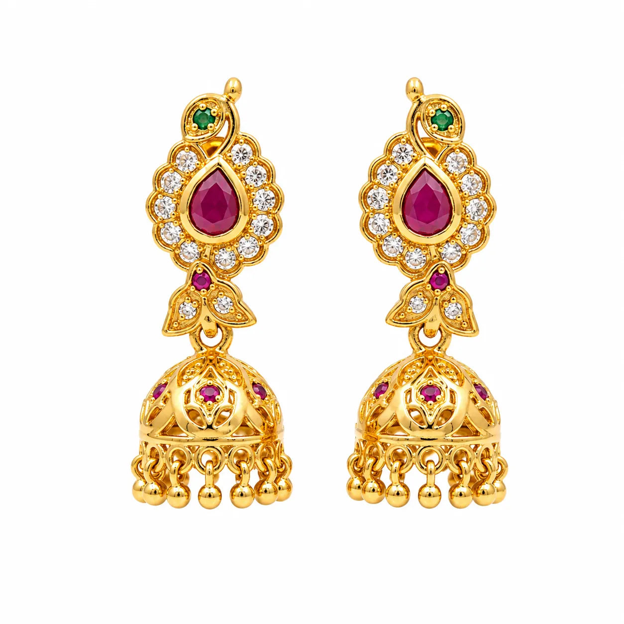 Gold polish ruby stone traditional jhumka earrings with white stones and hanging gold beads by Marvel Silver