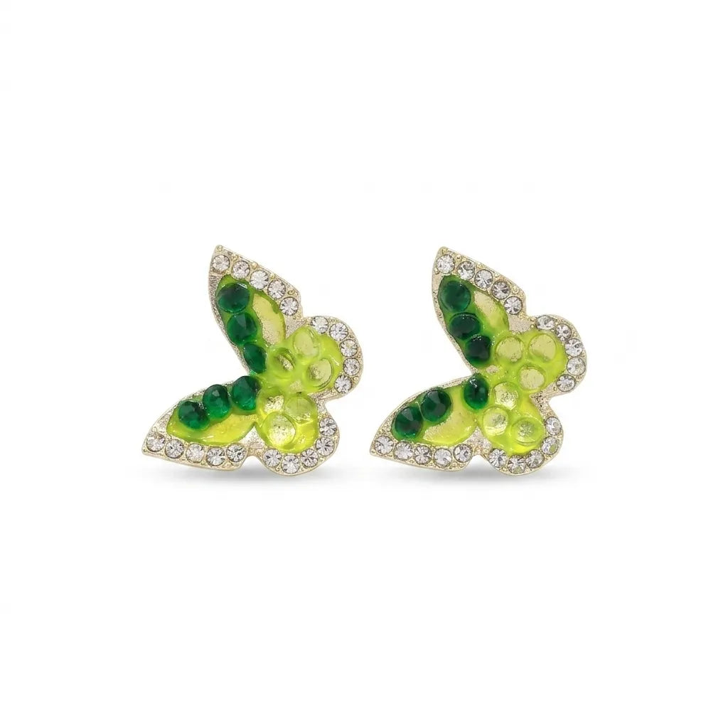 Marvel Silver Green Crystal Butterfly Stud Earrings with Gold-Tone Finish for Women