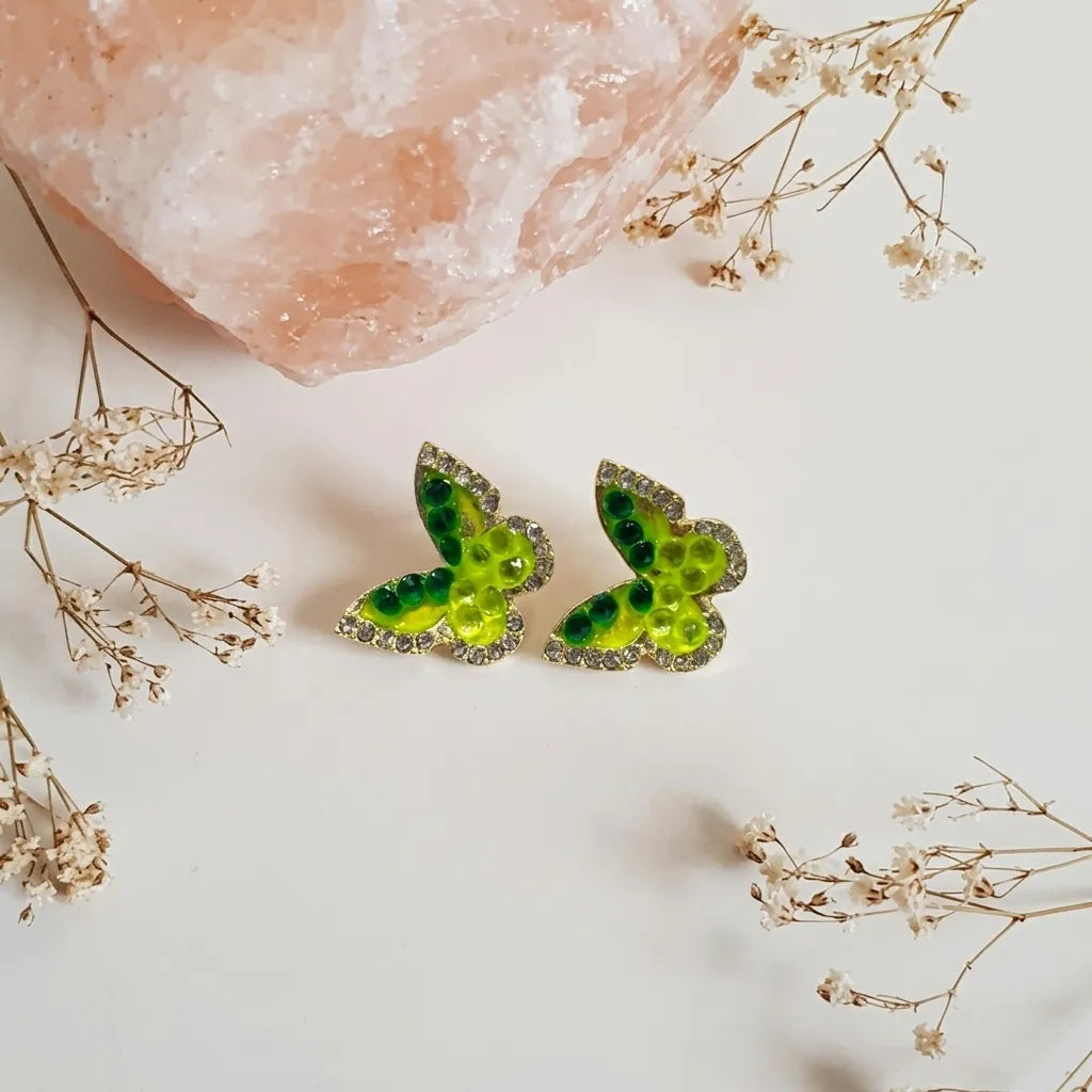 Marvel Silver Green Crystal Butterfly Stud Earrings with Gold-Tone Finish for Women