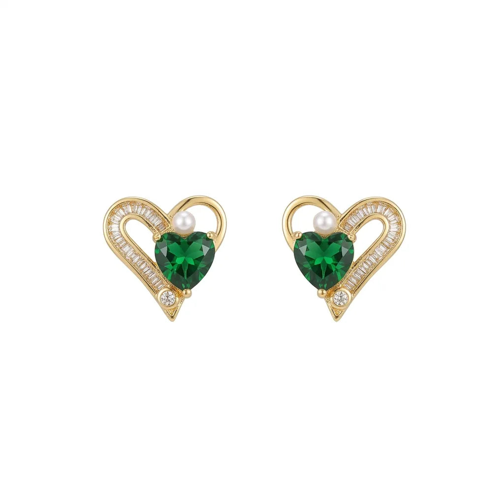 Marvel Silver Green Heart Crystal Pearl Gold Plated Imitation Stud Earrings for Women with Zircon Stones
