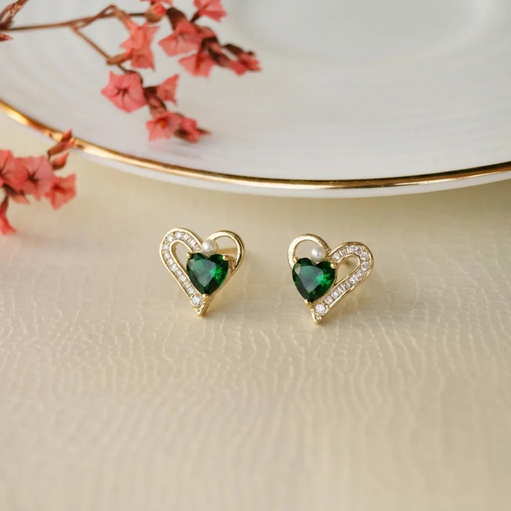 Marvel Silver Green Heart Crystal Pearl Gold Plated Imitation Stud Earrings for Women with Zircon Stones