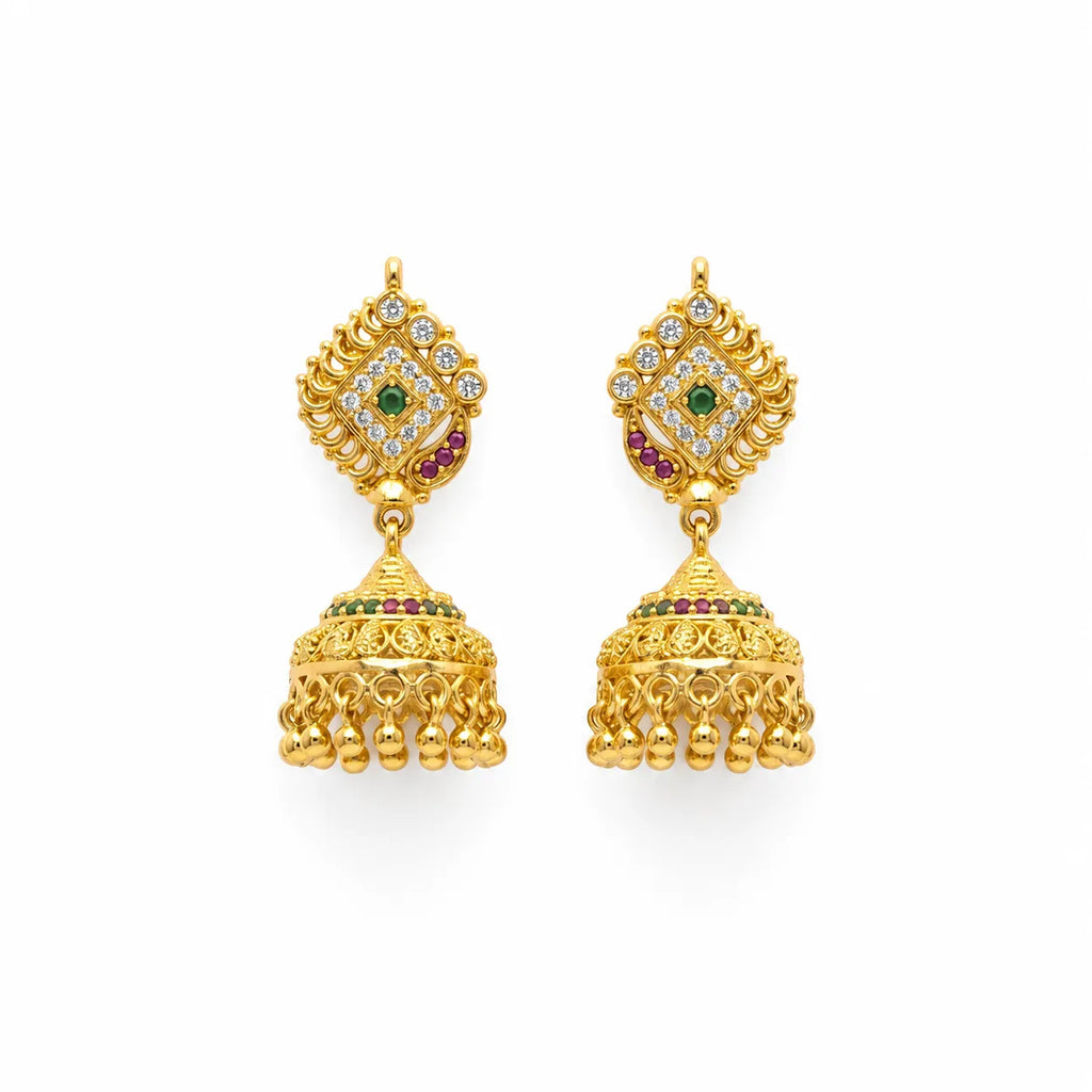 Gold polish green stone traditional jhumka earrings with pink and white stones by Marvel Silver