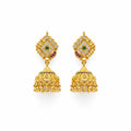 Gold polish green stone traditional jhumka earrings with pink and white stones by Marvel Silver