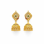 Gold polish green stone traditional jhumka earrings with pink and white stones by Marvel Silver