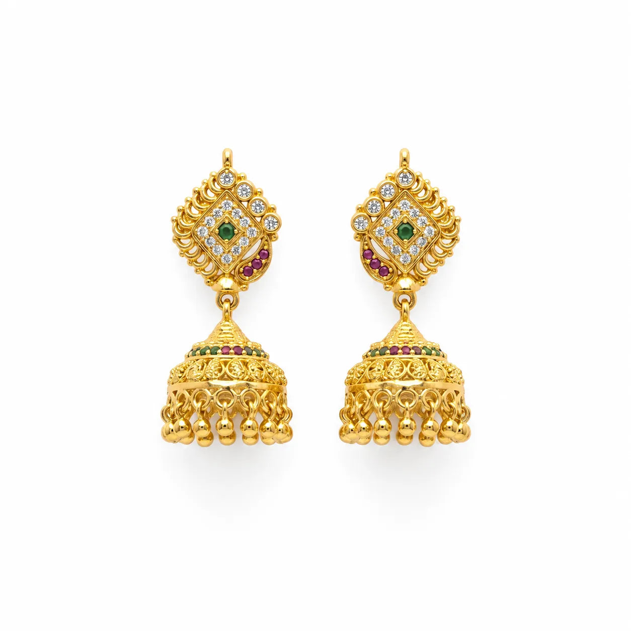 Gold polish green stone traditional jhumka earrings with pink and white stones by Marvel Silver