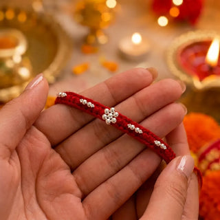 Silver Minimal Floral Red Thread Rakhi for Brother
