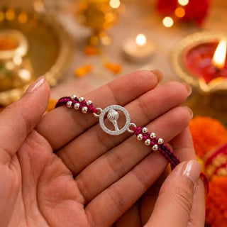 Hanuman Gada Silver Rakhi with Red Thread & Silver Beads