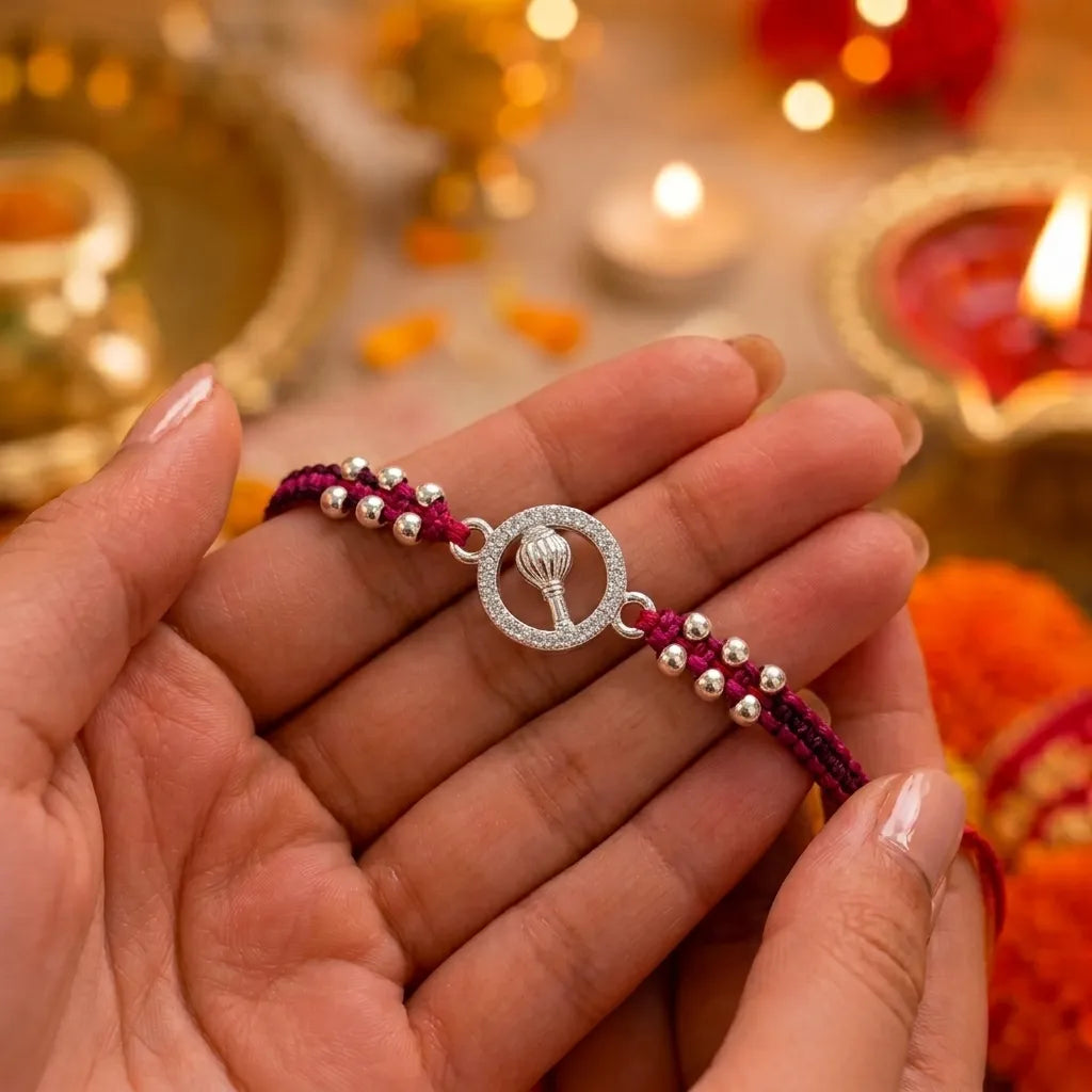 Marvel Silver Hanuman Gada Silver Rakhi with Sparkling CZ Stone Circle, Silver Beads and Red Braided Thread for Raksha Bandhan