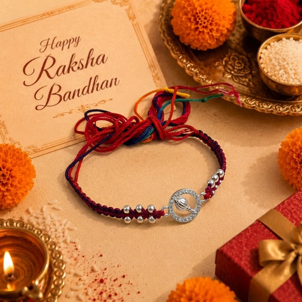Marvel Silver Hanuman Gada Silver Rakhi with Sparkling CZ Stone Circle, Silver Beads and Red Braided Thread for Raksha Bandhan