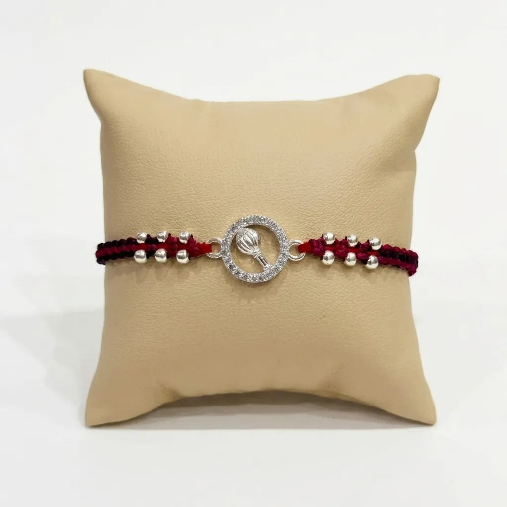 Marvel Silver Hanuman Gada Silver Rakhi with Sparkling CZ Stone Circle, Silver Beads and Red Braided Thread for Raksha Bandhan