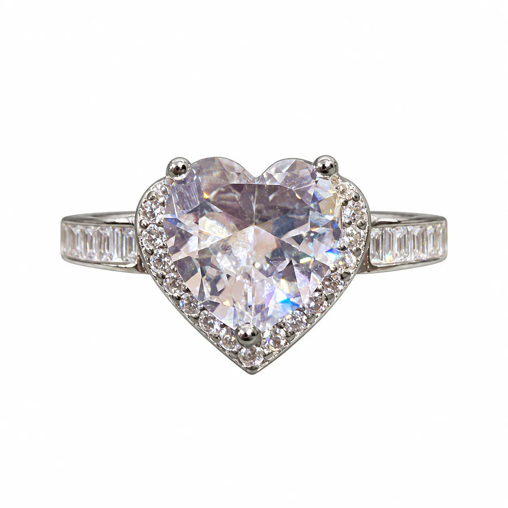 Marvel Silver Heart Halo Crystal Silver Ring for Girls and Women with Large Heart-Shaped Centre Stone, Sparkling Halo and Stone-Studded Band