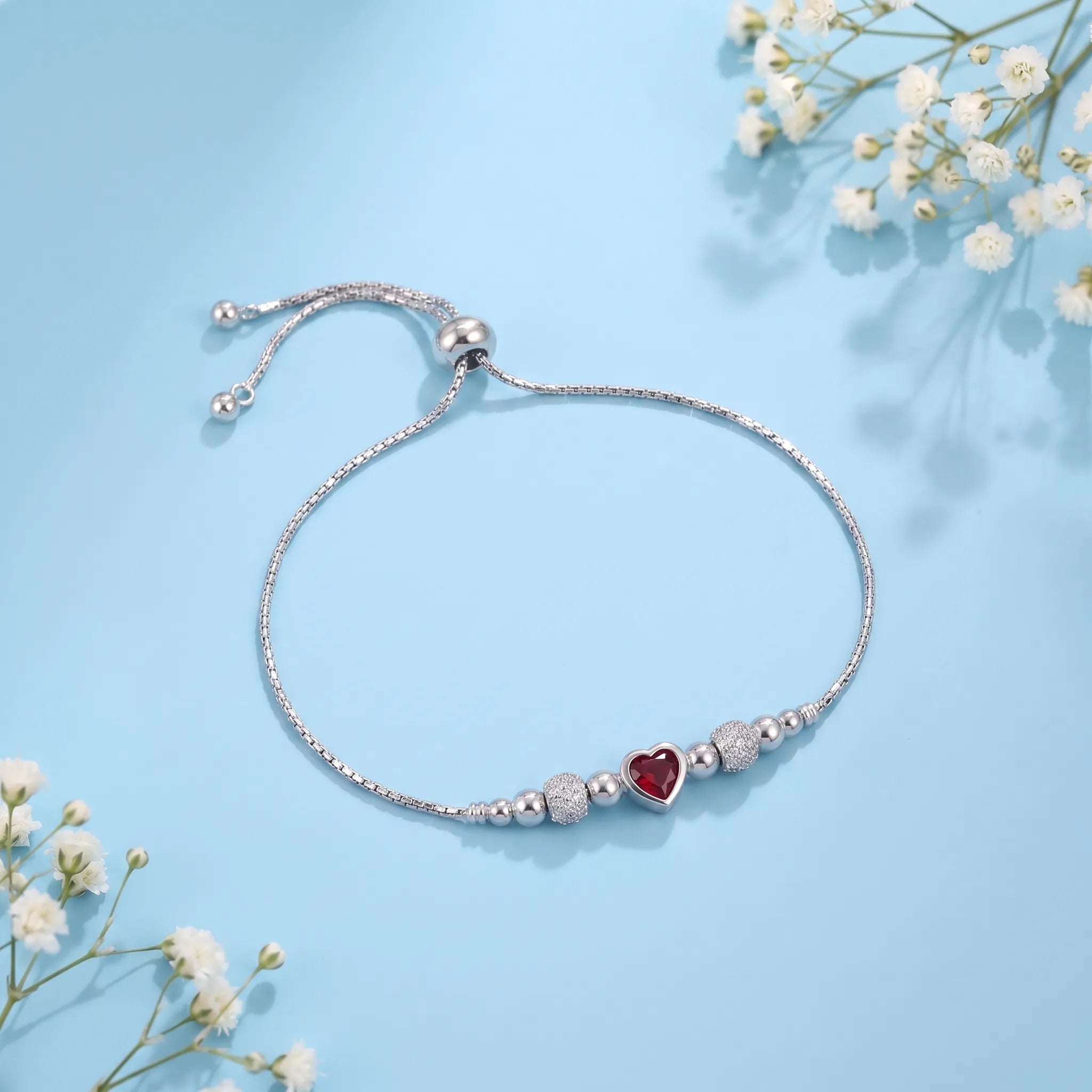 Silver Ruby Heart Bracelet
