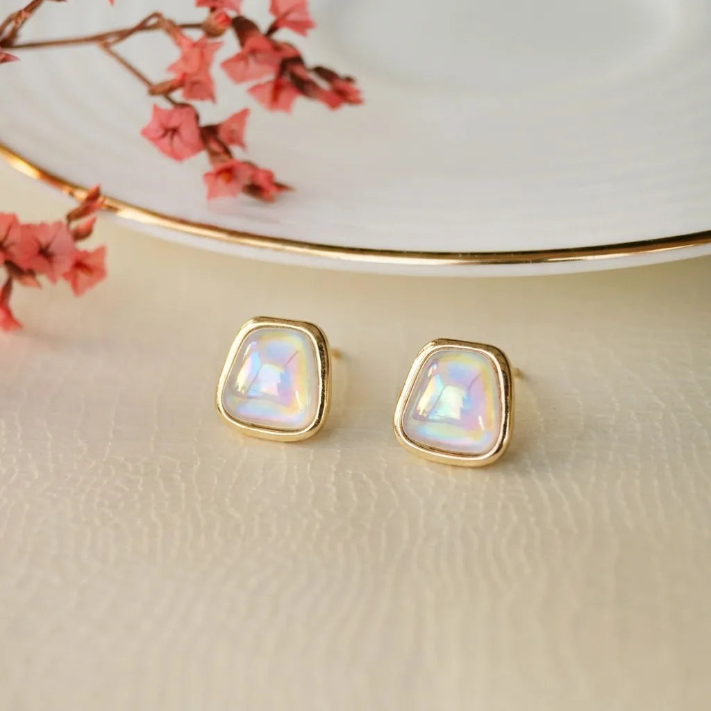 Marvel Silver Iridescent Pearl Square Gold Plated Imitation Stud Earrings for Women – Minimalist Fashion Jewelry