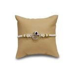 Marvel Silver Krishna Flute Silver Rakhi with Blue CZ Stone, White Crystal Beads and White Pearl Beads for Raksha Bandhan
