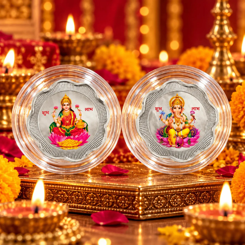 Marvel Silver Lakshmi Ganesh Shubh Labh Silver Coin Gift Set of 2 with Colourful Religious Designs in Premium Decorative Gift Box