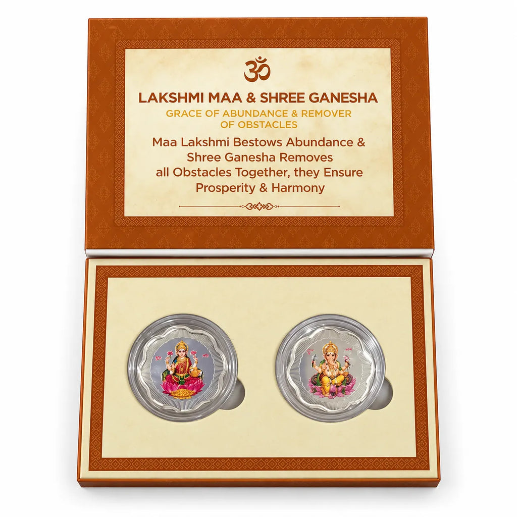 Marvel Silver Lakshmi Ganesh Shubh Labh Silver Coin Gift Set of 2 with Colourful Religious Designs in Premium Decorative Gift Box