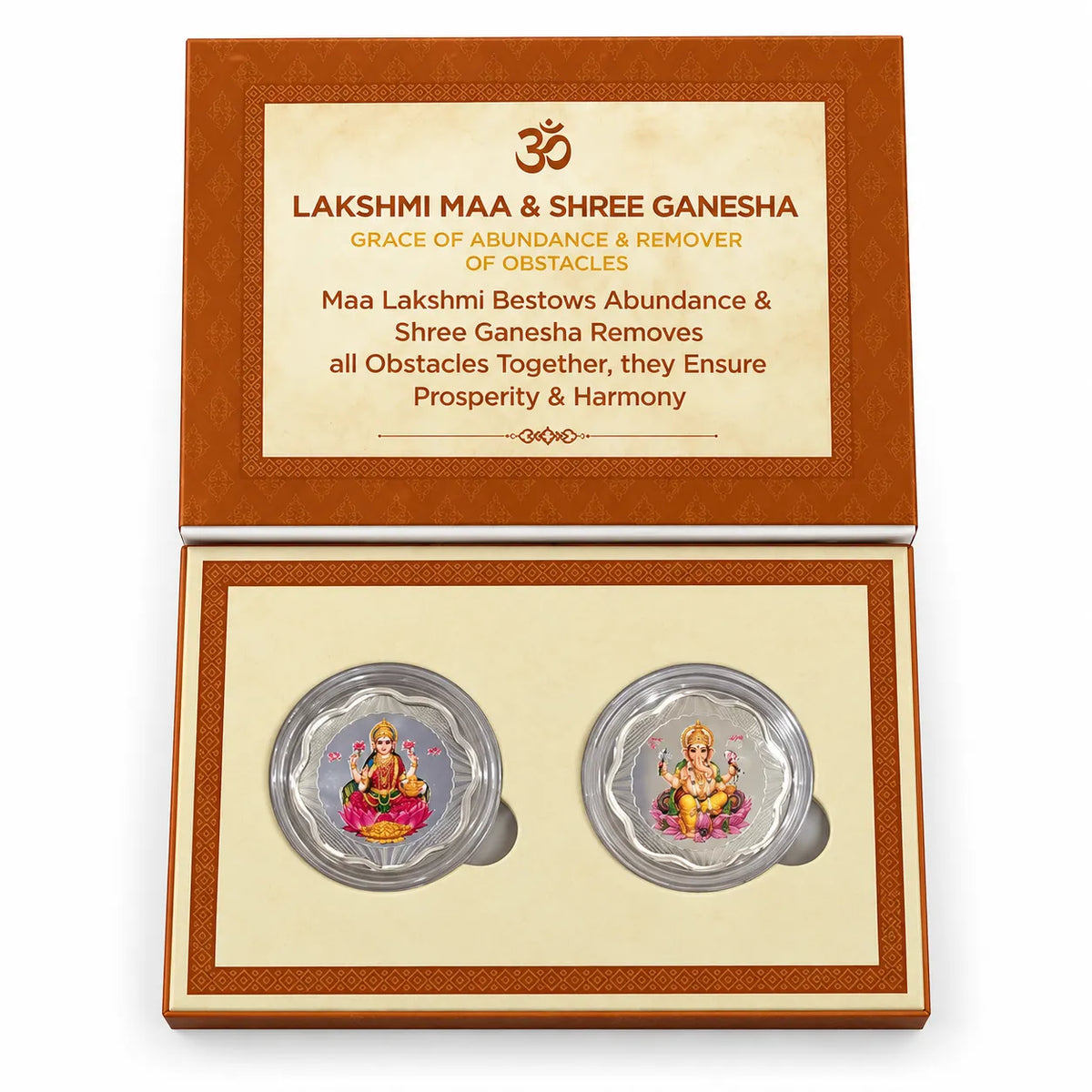 Marvel Silver Lakshmi Ganesh Shubh Labh Silver Coin Gift Set of 2 with Colourful Religious Designs in Premium Decorative Gift Box