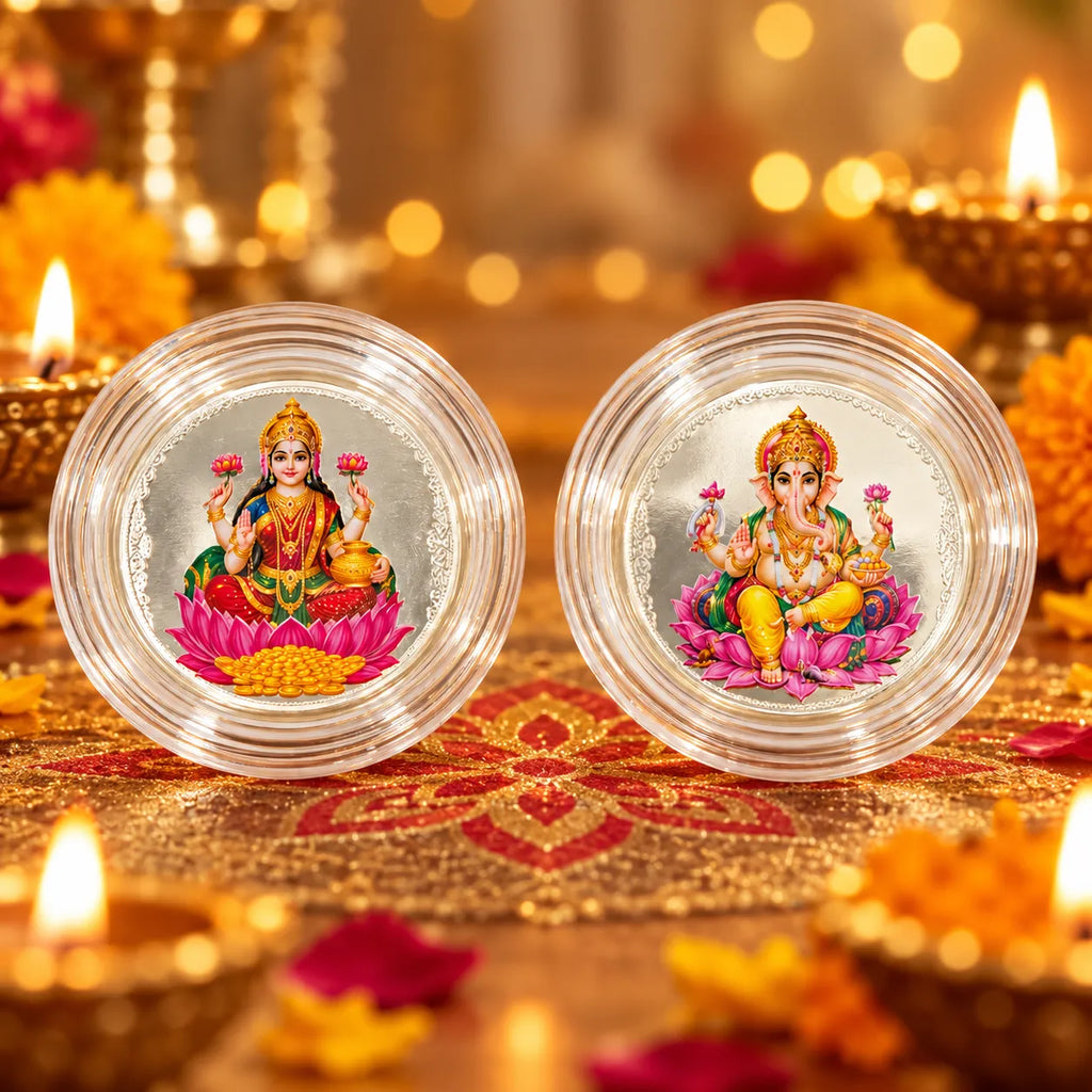 Marvel Silver Lakshmi Ganesh Silver Coin Gift Set of 2 Featuring Colourful Goddess Lakshmi and Lord Ganesha Designs in Round Protective Cases