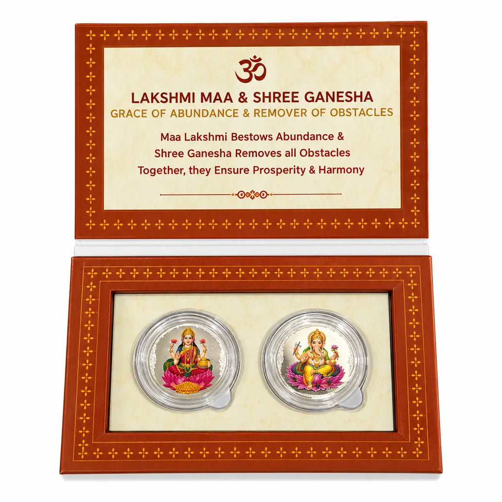 Marvel Silver Lakshmi Ganesh Silver Coin Gift Set of 2 Featuring Colourful Goddess Lakshmi and Lord Ganesha Designs in Round Protective Cases