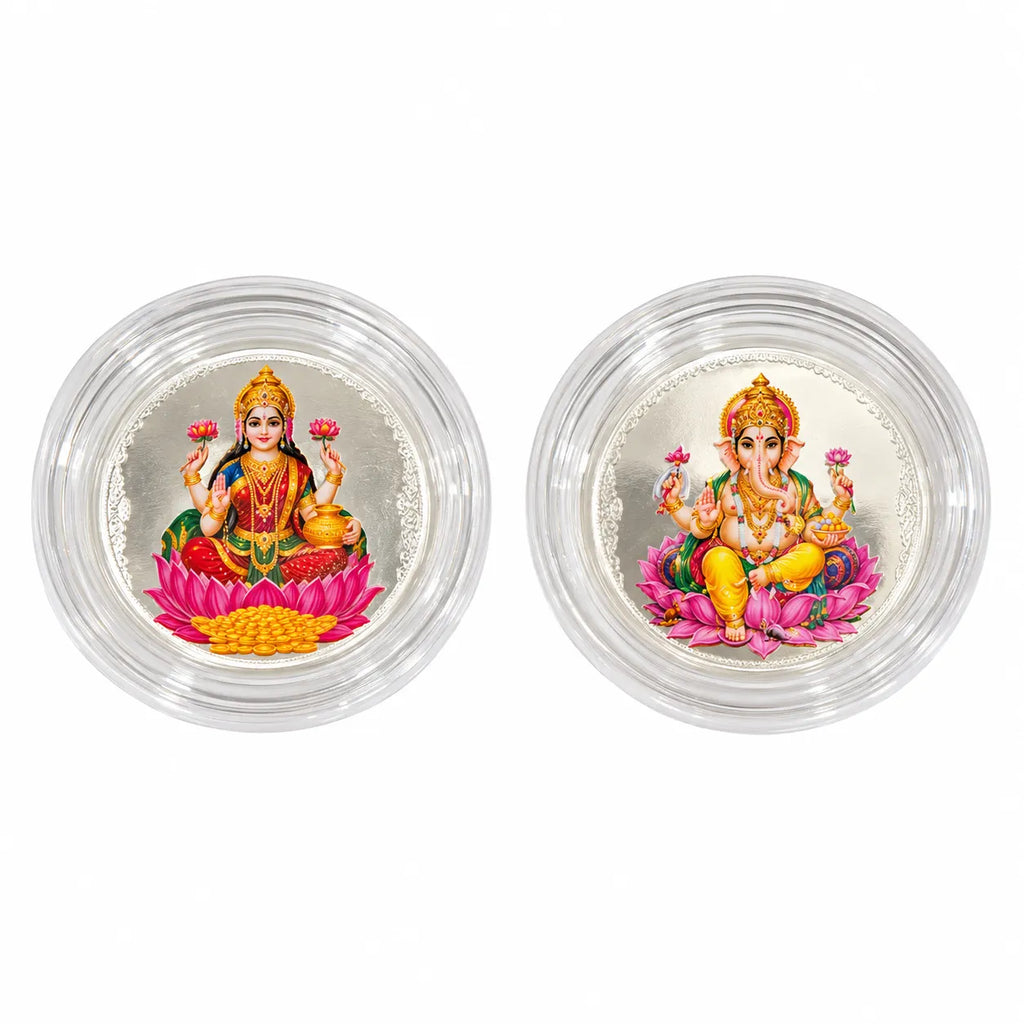 Marvel Silver Lakshmi Ganesh Silver Coin Gift Set of 2 Featuring Colourful Goddess Lakshmi and Lord Ganesha Designs in Round Protective Cases