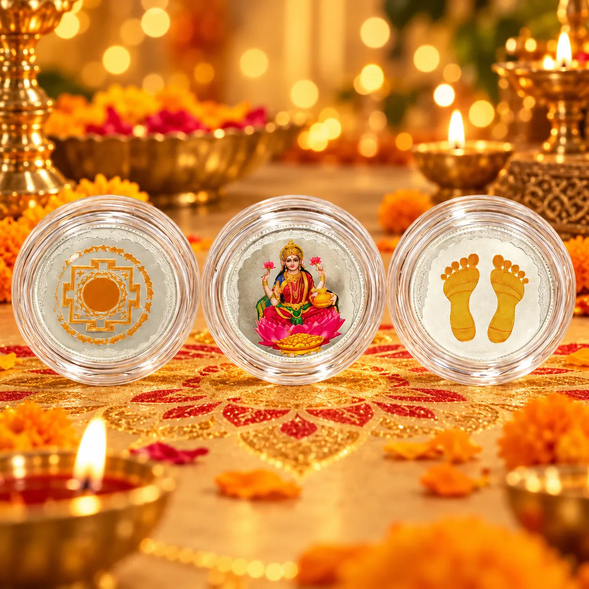 Marvel Silver Lakshmi Yantra Goddess Lakshmi and Lakshmi Charan Silver Coin Set of 3 with Golden and Multicolour Religious Designs