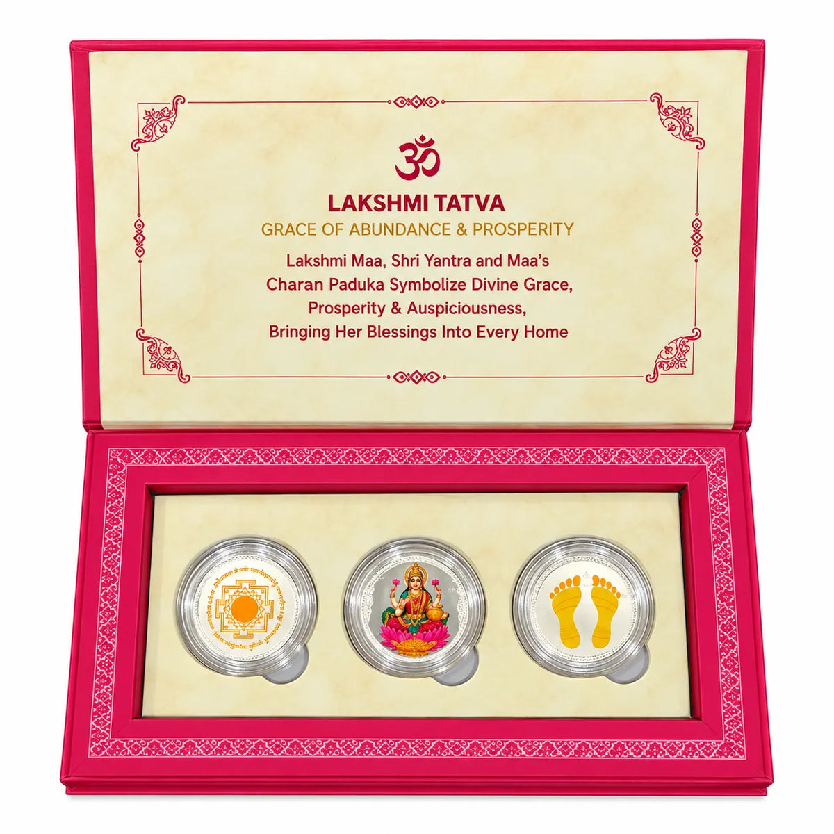 Marvel Silver Lakshmi Yantra Goddess Lakshmi and Lakshmi Charan Silver Coin Set of 3 with Golden and Multicolour Religious Designs