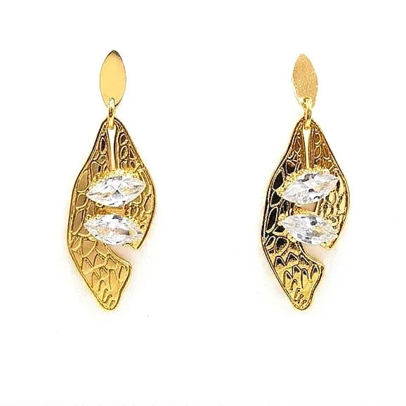 Elegant Gold Leaf CZ Drop Earrings with Marquise Stones for Women by Marvel Silver
