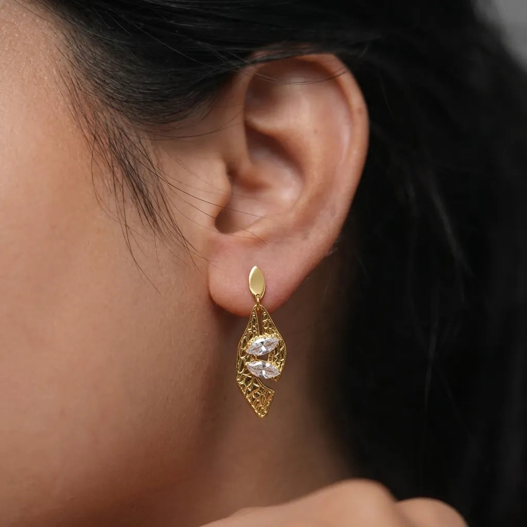 Elegant Gold Leaf CZ Drop Earrings with Marquise Stones for Women by Marvel Silver