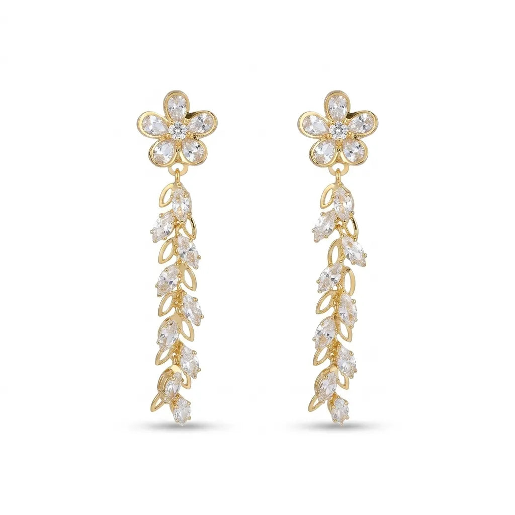 Floral CZ Leaf Gold Finish Drop Earrings for Women by Marvel Silver