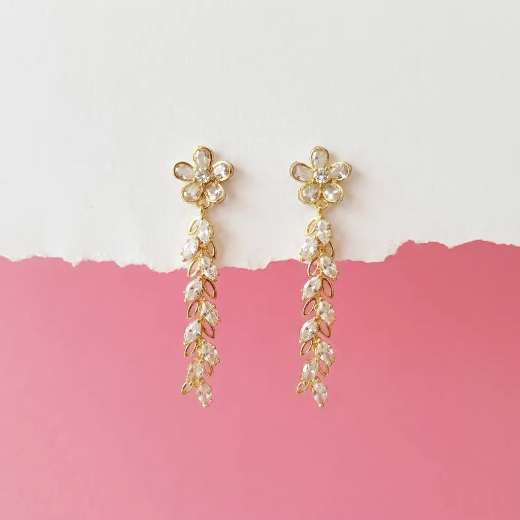 Floral CZ Leaf Gold Finish Drop Earrings for Women by Marvel Silver