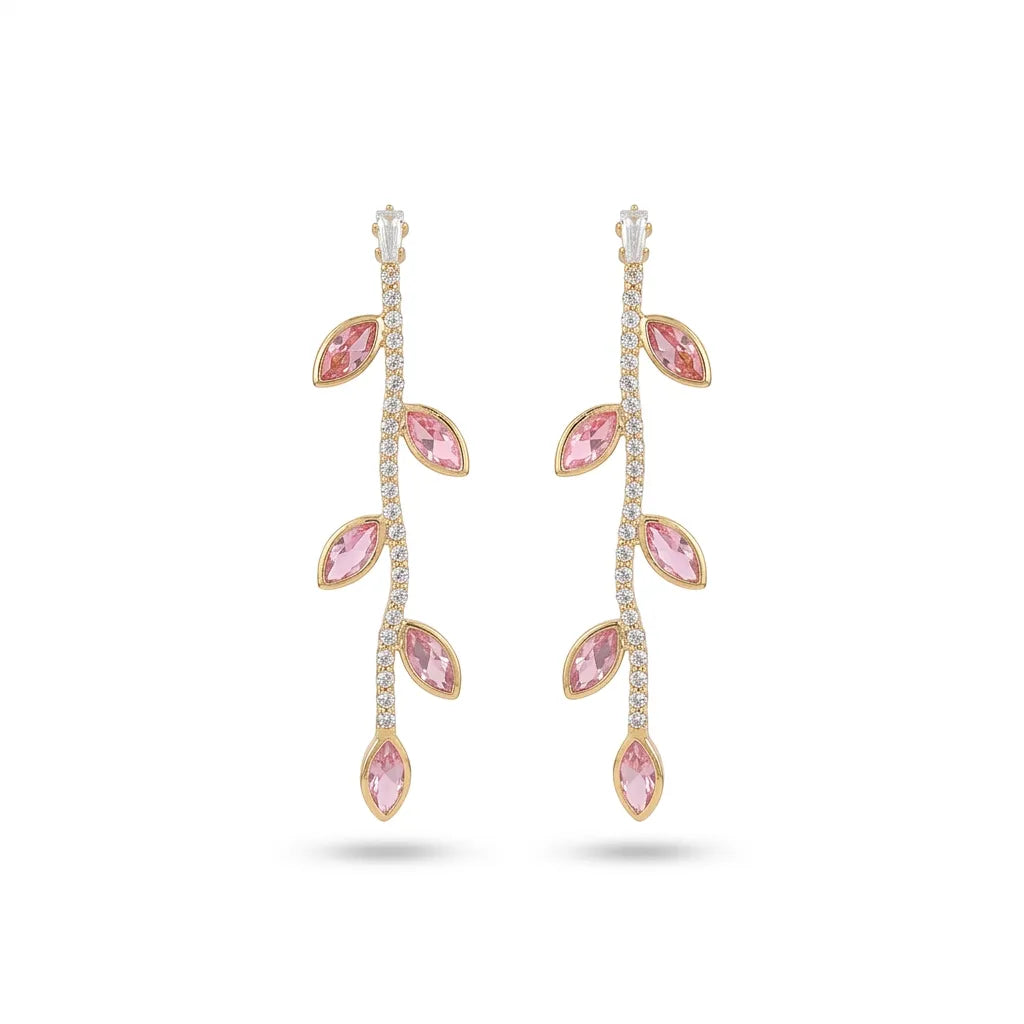 Pink CZ Leaf Vine Gold Finish Drop Earrings for Women by Marvel Silver