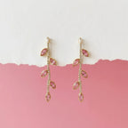 Pink CZ Leaf Vine Gold Finish Drop Earrings for Women by Marvel Silver