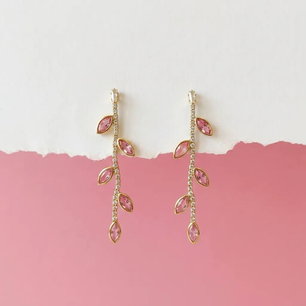 Pink CZ Leaf Vine Gold Finish Drop Earrings for Women by Marvel Silver