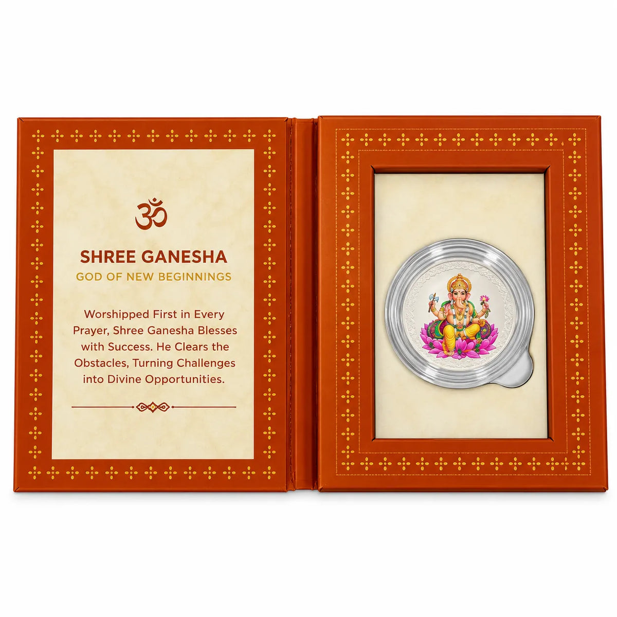 Marvel Silver Lord Ganesha Silver Coin with Colourful Ganpati Ji Design Seated on Pink Lotus in Transparent Protective Capsule
