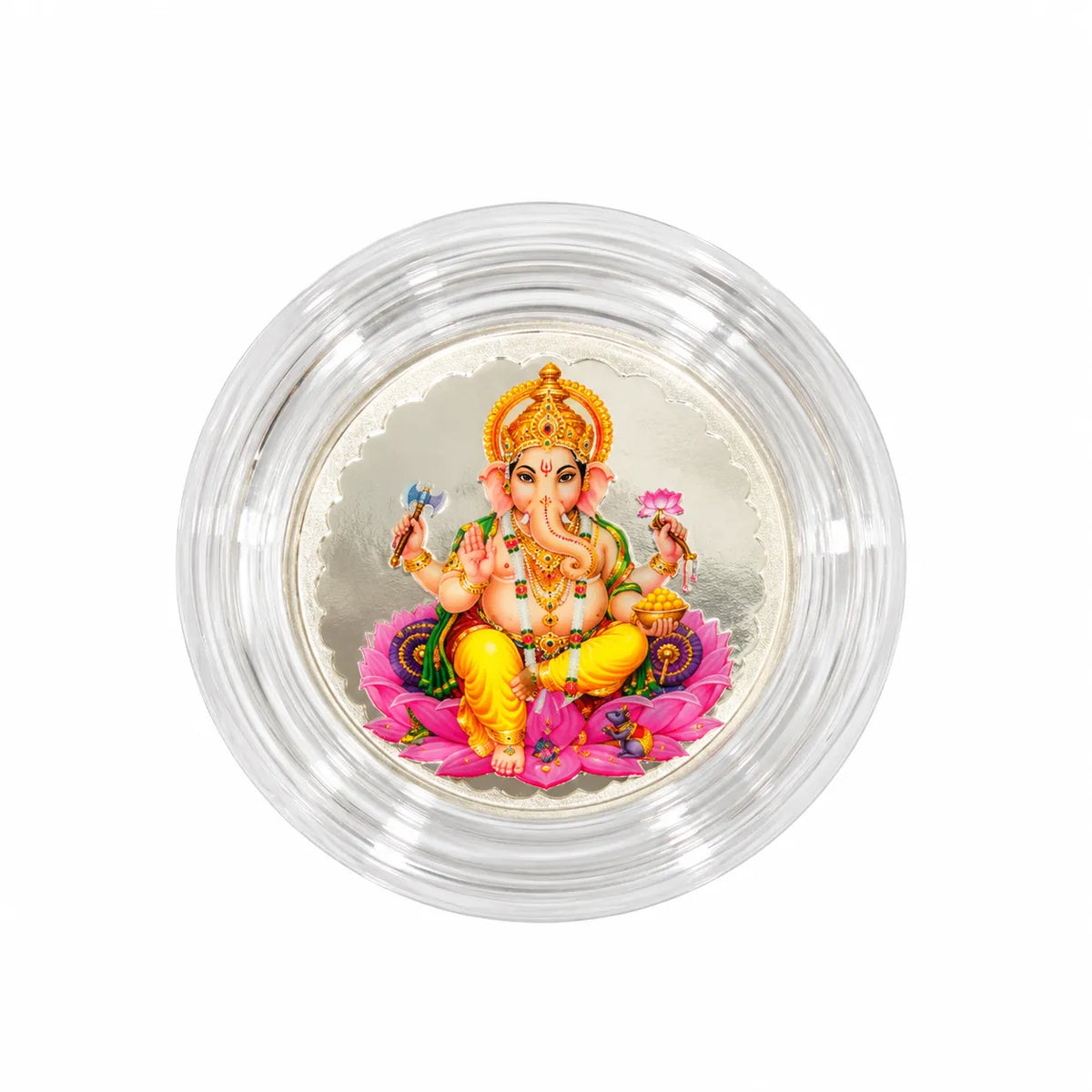 Marvel Silver Lord Ganesha Silver Coin with Colourful Ganpati Ji Design Seated on Pink Lotus in Transparent Protective Capsule