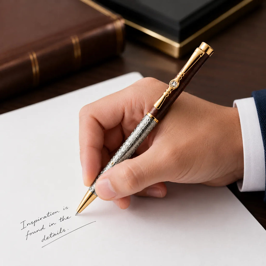 Marvel Silver luxury wooden finish gold and silver ballpoint pen with textured barrel
