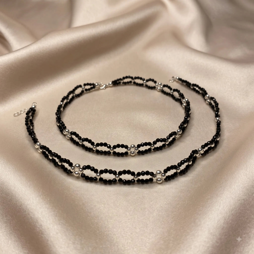 Marvel Silver Midnight Black Bead Double-Layer Silver Anklet for women and girls with black beads and polished silver bead accents
