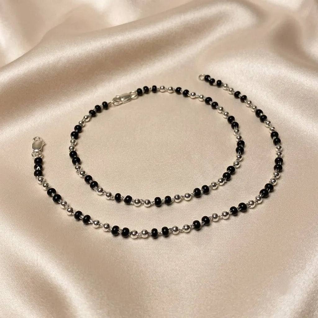 Marvel Silver Midnight Black Bead Silver Anklet for women and girls with alternating black and silver bead design